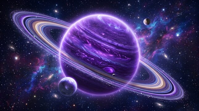 Bright glowing ringed planet in deep space with stars and moons in a vibrant purple galaxy background for astronomy and science fiction design concepts