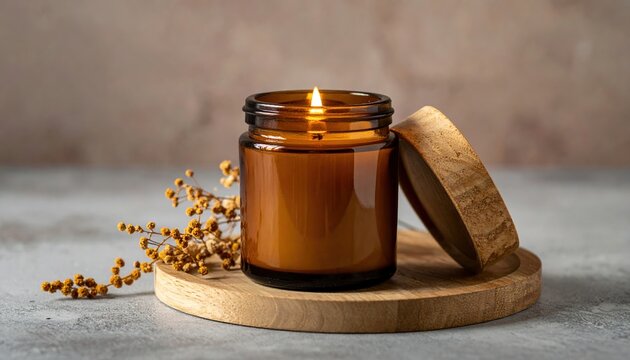 Scented candle in amber glass jar with wooden lid