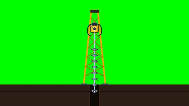 Deterministic 4K green screen animation of a heavy industrial vertical earth/oil drilling rig featuring rotating auger bit, reciprocating piston drive mechanism, ejected soil particle debris, and warn