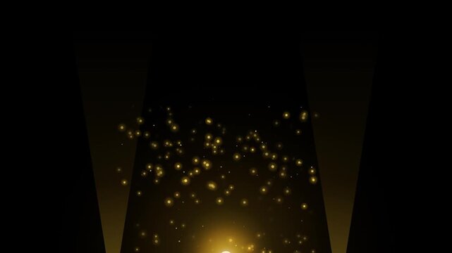 Golden sparkles and stage spotlights vector illustration. Glowing star dust particles floating in beams of light against dark backdrop. Magical night effect for event celebration.