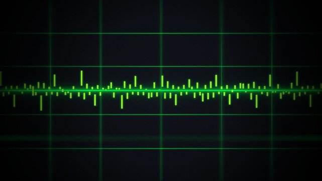 Neon green sound wave equalizer glowing against dark background with digital audio frequency grid pattern display