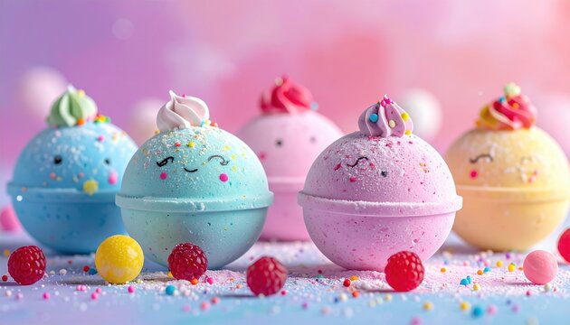 Colorful festive bath bombs with cute decorative toppings