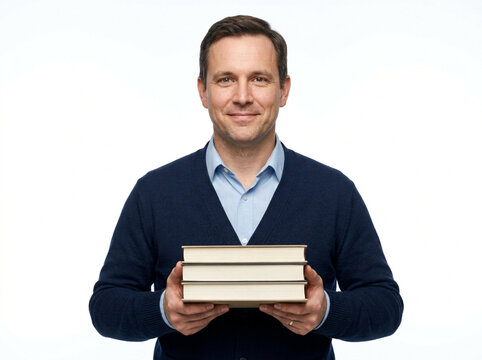 Man holding a stack of books against a clean white background.