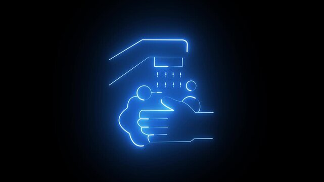 Neon glowing icon of washing hands under running water faucet for hygiene and health awareness