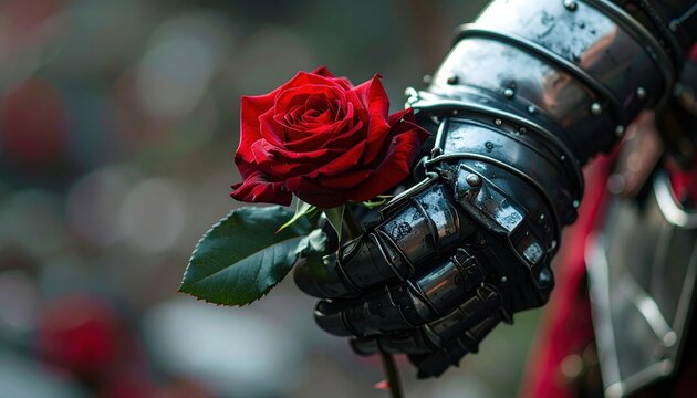 Knight armored gauntlet holding a single elegant red rose