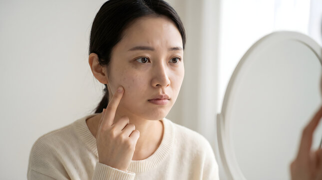 Professional woman touching her face while examining herself in a mirror with neutral expression in bright indoor setting