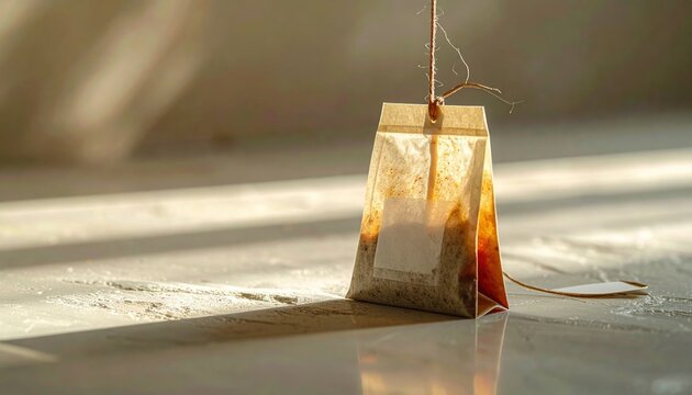 Single tea bag with attached white label casting subtle shadow on surface