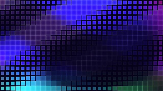 Abstract dark blue and purple digital grid pattern with glowing square mosaic pixels and futuristic cyber tech texture