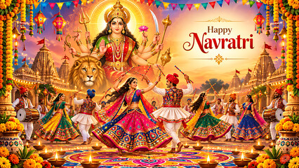 Fototapeta premium Navratri Durga Pooja Dandiya Garba Celebration with Goddess Durga, Traditional Garba Dancers, Marigold Flowers and Festive Lights