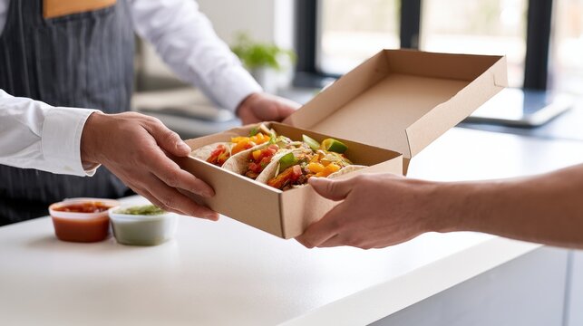 Hands handing taco box with sauces at counter, takeout handoff, food delivery service, quick service restaurant order fulfillment