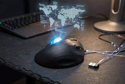 Futuristic Computer Mouse with Glowing World Map Hologram Projection