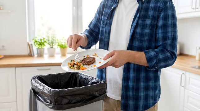 Woman in checkered shirt disposing of food waste into black kitchen trash bin with clear bag