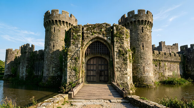 Ancient castle gatehouse with drawbridge, stone walls, and towers, no text.