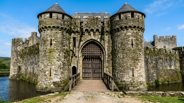  Ancient castle gatehouse with drawbridge, stone walls, and towers, no text.