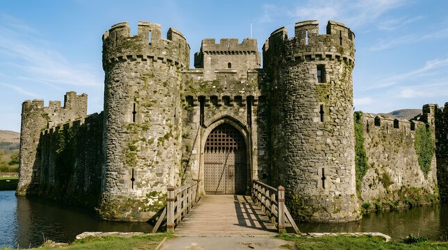 Ancient castle gatehouse with drawbridge, stone walls, and towers, no text.