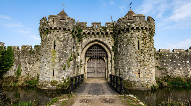  Ancient castle gatehouse with drawbridge, stone walls, and towers, no text.