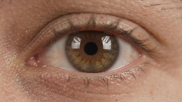 Extreme close up macro shot of a brown human eye looking straight