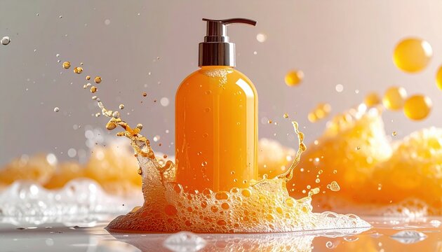 Plastic foam pump bottle filled with orange liquid for cosmetic packaging