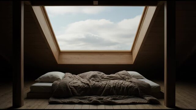 Cozy minimalist attic bedroom with unmade bed under a large skylight window overlooking cloudy sky.