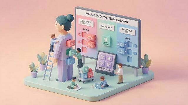 A stylized 3d low-poly miniature diorama of a value proposition canvas, tiny product managers matching geometric pain-reliever blocks