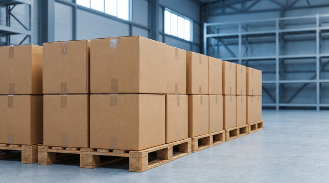 Winter Sale, stacked cardboard shipping boxes in warehouse