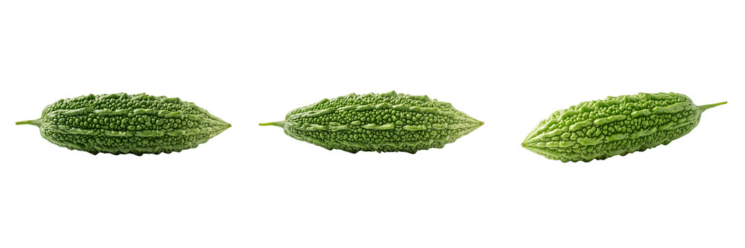 Three bumpy green bitter gourds arranged horizontally isolated on a transparent background melon