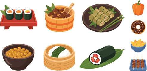 Traditional Japanese Cuisine Icon Set with Maki Sushi Rice Rolls Natto Beans Chimaki Steamed Rice and Grilled Skewers Vector Illustration Designs © Munnat