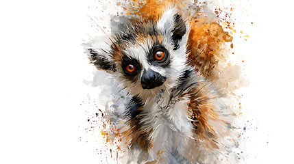 Obraz premium Watercolor drawing of a funny lemur, textured background with blur.