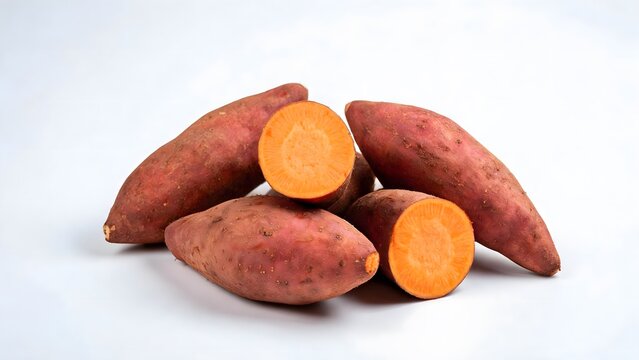 Fresh Raw Sweet Potatoes with Sliced Orange Flesh on White Background