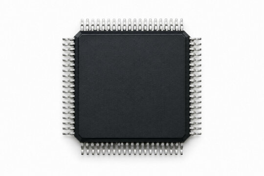 Integrated circuit microprocessor chip with silver metal pins isolated on a clean white background viewed from directly above showcasing complex modern computer hardware components used in high speed 