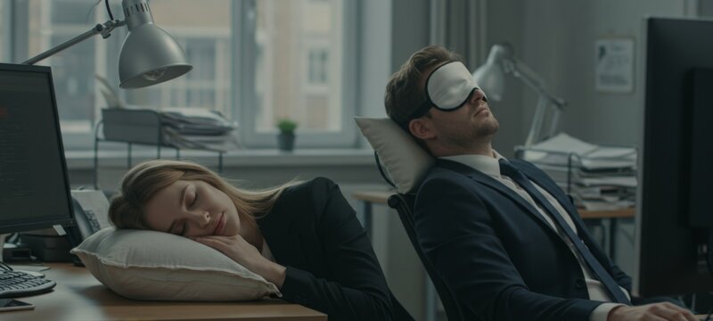 Exhausted male and female employees sleeping at their desks after long working hours in a modern corporate office