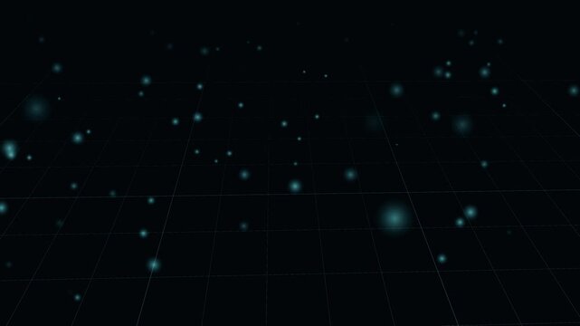Close-up of ultra-sharp glowing cyan grid lines on dark surface with soft bokeh light particles drifting and the camera gliding smoothly across the illuminated lattice