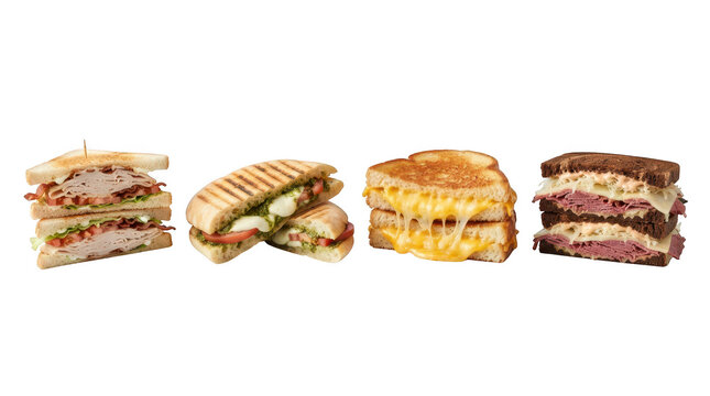 A collection of gourmet sandwiches featuring turkey club, panini, grilled cheese, and reuben isolated on transparent background. Great for restaurant menu design and food delivery ads.