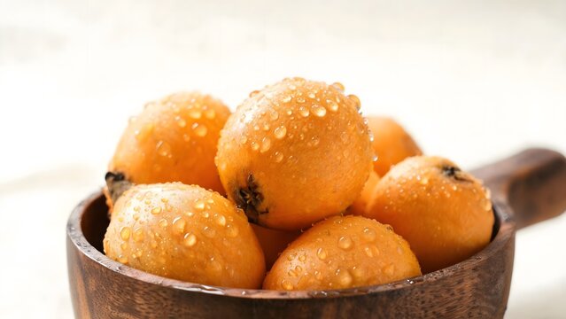 Fresh Loquat Fruits with Water Drops in Wooden Bowl