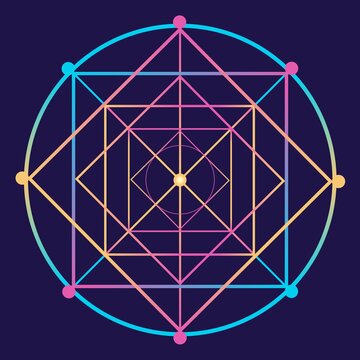 Complex colorful geometric symbol inspired by sacred geometry and multidimensional structures.
