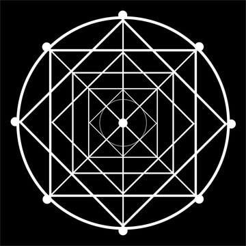 Precise geometric logo combining circles, squares, triangles and intersecting lines into a harmonious mathematical matrix. Represents structure, interconnected systems, order and multidimensional geom