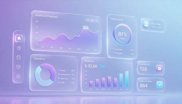 3D glassmorphic UI dashboard with glowing data charts and analytics widgets, fintech interface
