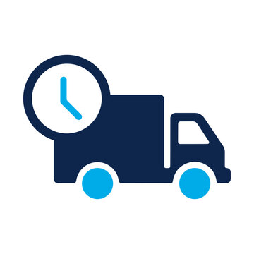 Fast delivery truck icon with a clock symbol representing quick shipping and timely logistics service for business e-commerce and retail transportation solutions in blue and dark navy colors