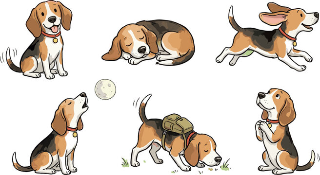 Cute Cartoon Beagle Puppy Dog Character Action Pose Set with Sitting Sleeping Running Howling Sniffing and Begging Vector Graphic Illustration