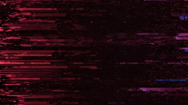 Abstract digital glitch art video background featuring vibrant red and pink neon distortion streaks, analog VHS noise, and pixelated data error effects looping on a dark background.
