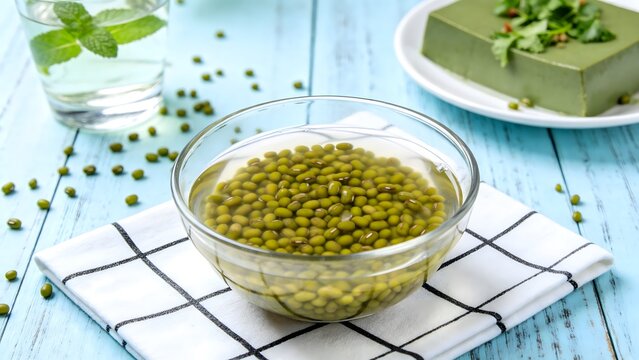 Soaked Mung Beans in Glass Bowl with Mint Drink and Green Dessert on Blue Wooden Table
