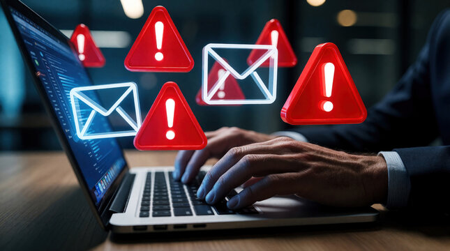 Person types on laptop with glowing email and warning icons. Cybersecurity alert shows digital threat, cybercrime risk, and data breach danger. Online security and caution concept.