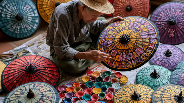 AI-generated images featuring hand-painted designs on natural wood-pulp paper umbrellas&mdash;a renowned traditional handicraft from Chiang Mai, Thailand, created using handmade techniques passed down throu