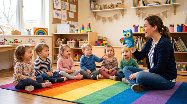 Teacher uses owl puppet to engage young children in a colorful classroom during a storytelling session