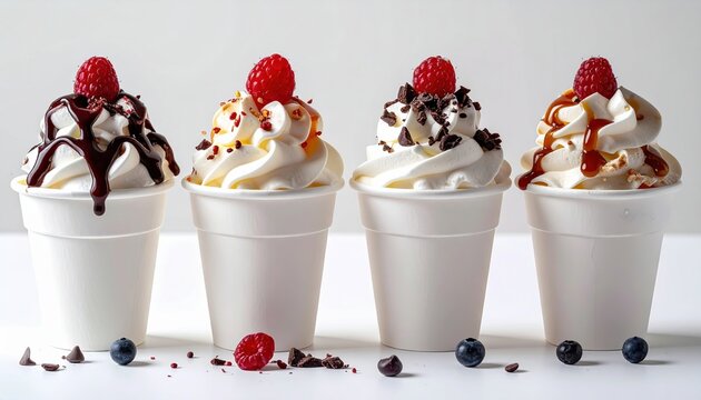 Four white soft serve ice cream cups with assorted sweet toppings
