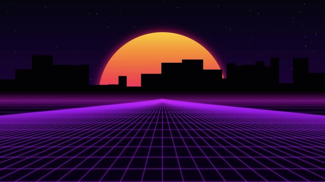 Retro synthwave city silhouette against a massive striped orange and pink sunset sun with a glowing purple grid floor stretching toward the horizon under starry sky