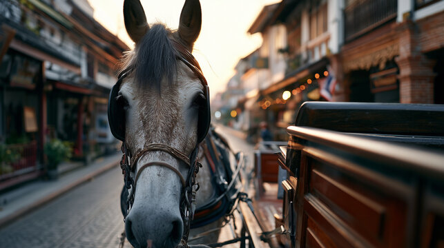 AI generator images of Horse-drawn carriages used for passenger transport in cities and tourist destinations, such as Lampang, Thailand.