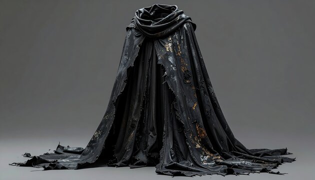 Tattered fantasy rogue cloak with dark worn medieval styling