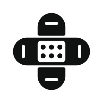 Black adhesive bandage plaster icon representing medical first aid treatment for healing wounds and skin cuts on a simple flat vector graphic design element for healthcare and pharmacy use