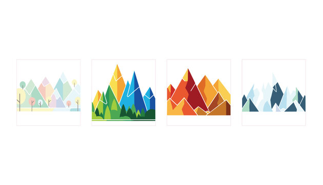 Creative geometric cards displaying stylized mountain ridges in various colors representing the four seasons.